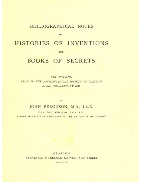 Bibliographical Notes on Histories of Inventions and Books of Secrets